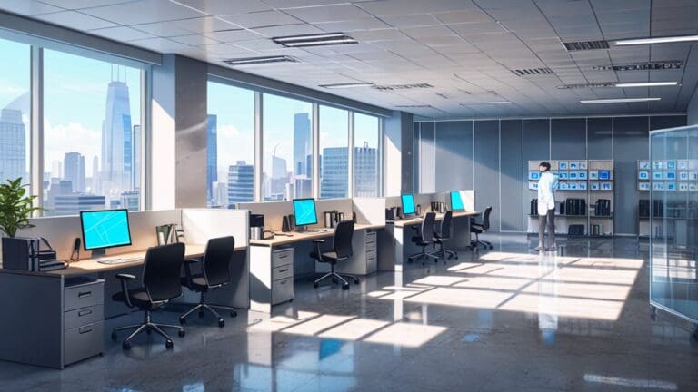 Oficinas modernas con equipos tecnológicos y pantallas mostrando datos ambientales.