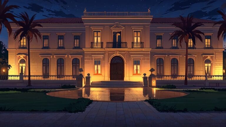 Vista del Palacio de la Oliva iluminado al anochecer en un evento tecnológico