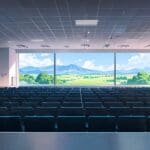 Vista panorámica de un centro de conferencias moderno rodeado de naturaleza