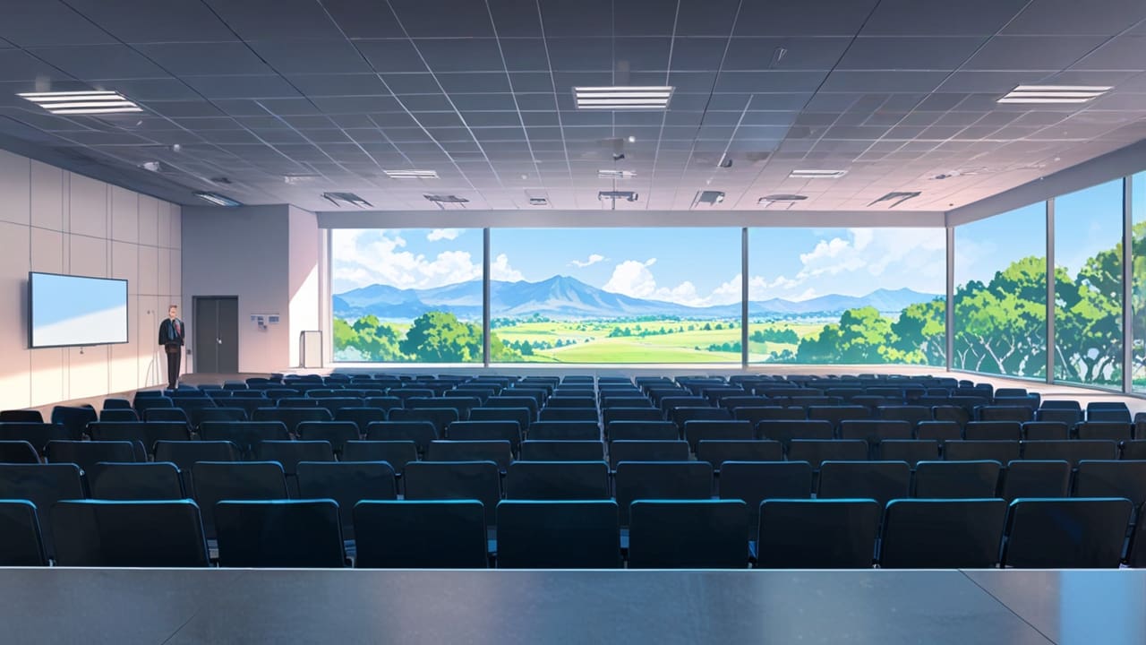 Vista panorámica de un centro de conferencias moderno rodeado de naturaleza