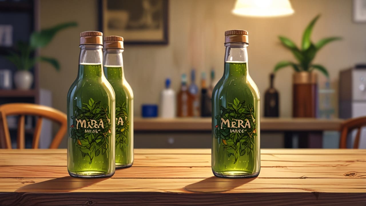 Botellas de yerba mate fría sobre una mesa de madera en una oficina moderna