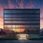 Vista frontal de un edificio de oficinas modernas rodeado de naturaleza, al amanecer