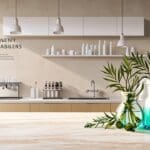 Mesa de laboratorio con cápsulas eco-friendly y soluciones de limpieza sostenibles.