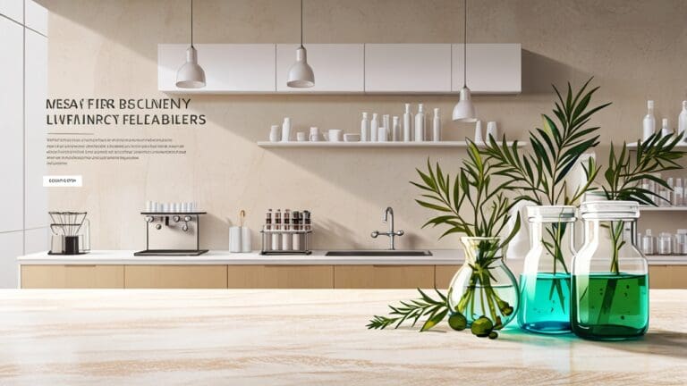 Mesa de laboratorio con cápsulas eco-friendly y soluciones de limpieza sostenibles.