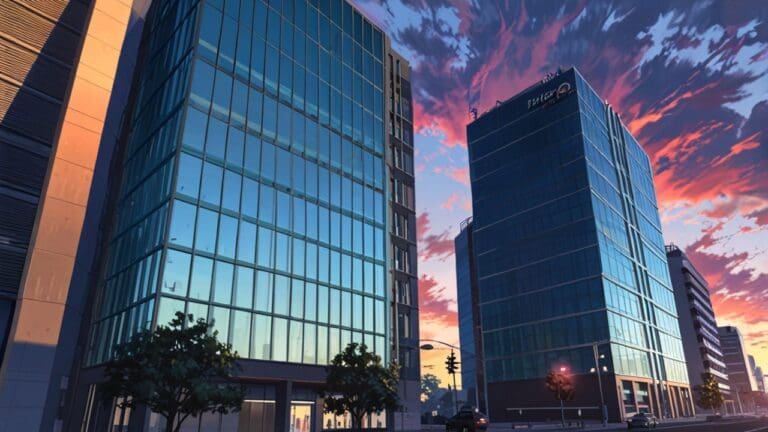 Edificios modernos de oficinas tecnológicas en un entorno urbano al atardecer