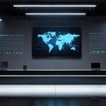 Escenario corporativo moderno con interfaz de inteligencia artificial en pantalla digital.