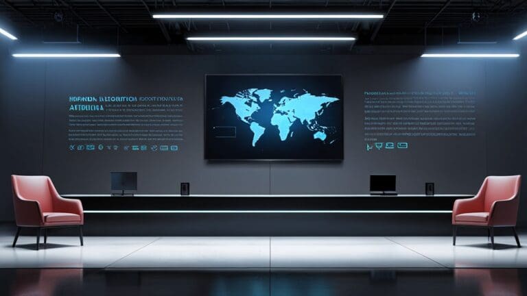 Escenario corporativo moderno con interfaz de inteligencia artificial en pantalla digital.