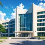 Exterior moderno de un campus universitario en Miami con edificios de tecnología