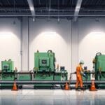 Fábrica moderna de baterías con maquinaria avanzada y empleados trabajando meticulosamente