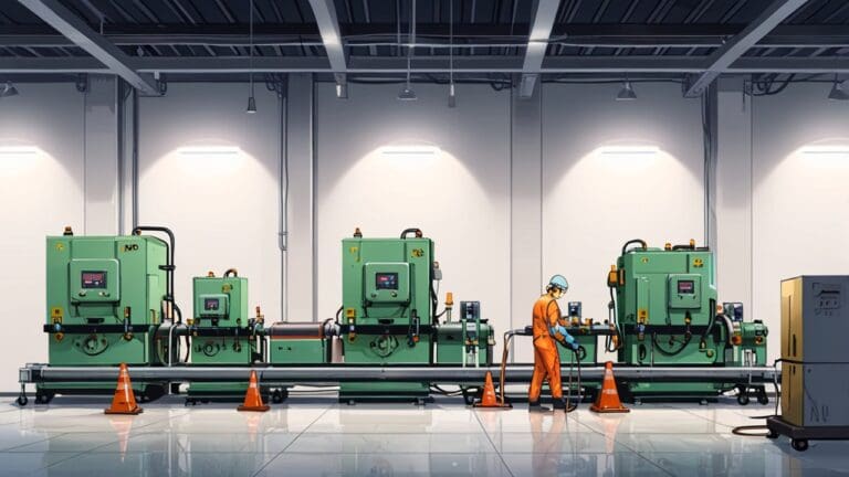 Fábrica moderna de baterías con maquinaria avanzada y empleados trabajando meticulosamente