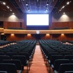 Centro de conferencias moderno, con un auditorio lleno de emprendedores y líderes tecnológicos.