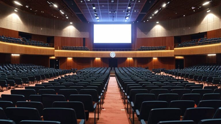 Centro de conferencias moderno, con un auditorio lleno de emprendedores y líderes tecnológicos.