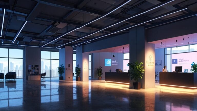 Oficinas modernas de una startup tecnológica con dispositivos digitales en un entorno iluminado