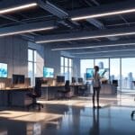 Espacio de oficina moderno con equipos de alta tecnología y pantallas digitales