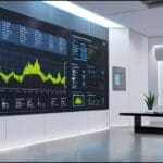 Sala de control moderna con múltiples pantallas mostrando datos de energía en tiempo real.