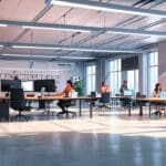 Moderno espacio de coworking con tecnología avanzada y aire futurista