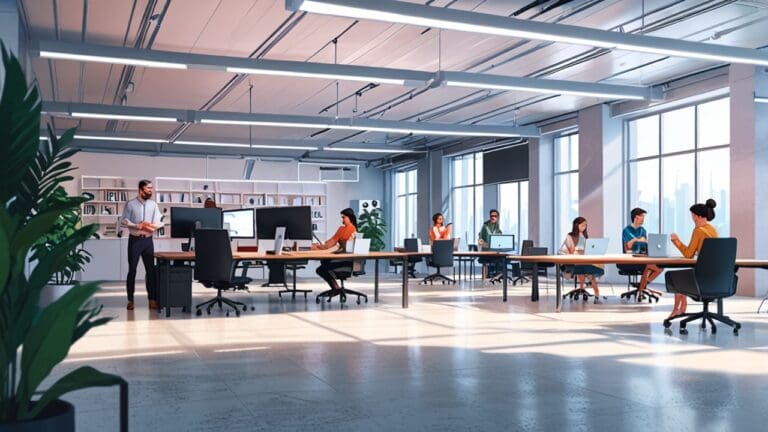 Moderno espacio de coworking con tecnología avanzada y aire futurista