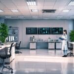 Espacio moderno de oficina con equipos tecnológicos y pantallas mostrando datos médicos