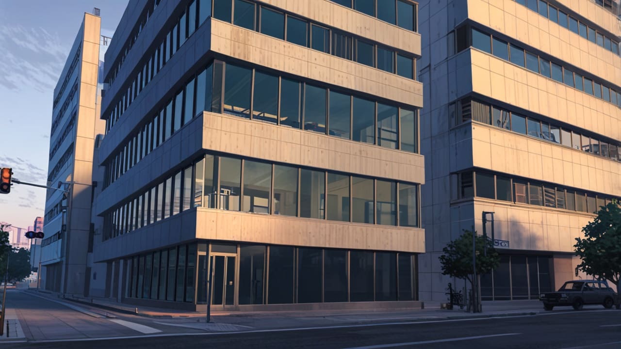 Fachada moderna de un edificio de oficinas en un centro urbano tecnológico al amanecer