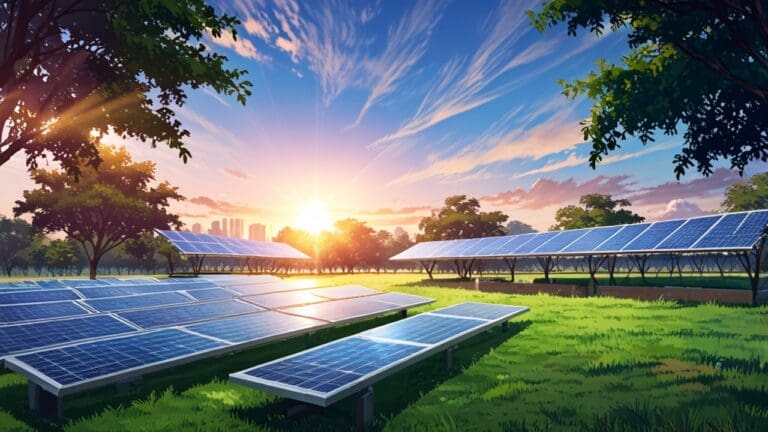 Vista moderna de instalaciones solares en un parque tecnológico al amanecer