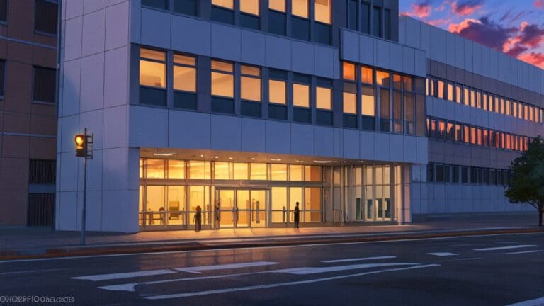 Fachada moderna de una universidad con un fondo de ciudad al atardecer