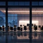 Oficinas modernas con tecnología avanzada en un entorno urbano iluminado