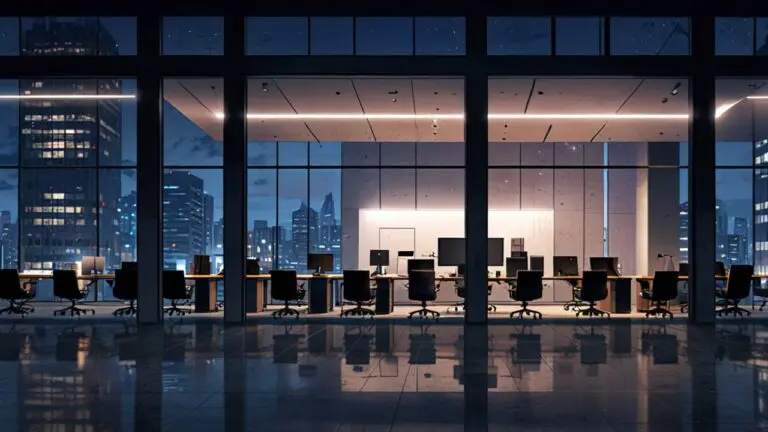 Oficinas modernas con tecnología avanzada en un entorno urbano iluminado