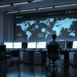 Oficina moderna con equipos tecnológicos y gráficos de datos en pantalla