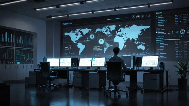 Oficina moderna con equipos tecnológicos y gráficos de datos en pantalla