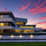 Edificios modernos del Parque Científico con un atardecer de fondo.