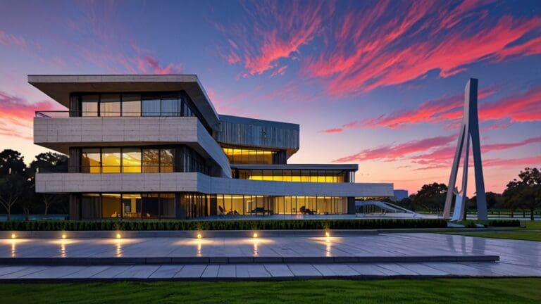 Edificios modernos del Parque Científico con un atardecer de fondo.