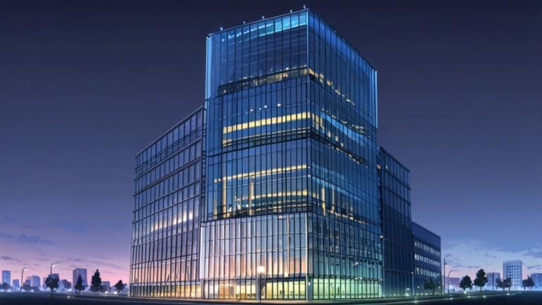 Moderno edificio de oficinas con fachada de cristal en una ciudad tecnológica al amanecer