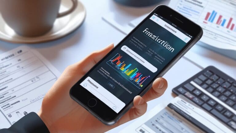 Pantalla de smartphone mostrando una app de gestión financiera sobre un escritorio moderno