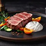 Plato gourmet de carne de cocodrilo sobre mesa moderna y minimalista