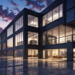 Oficinas modernas y tecnológicas al atardecer con estructura arquitectónica innovadora
