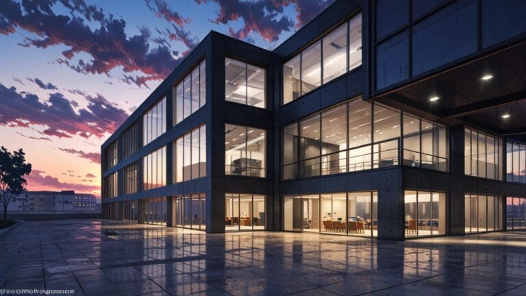Oficinas modernas y tecnológicas al atardecer con estructura arquitectónica innovadora