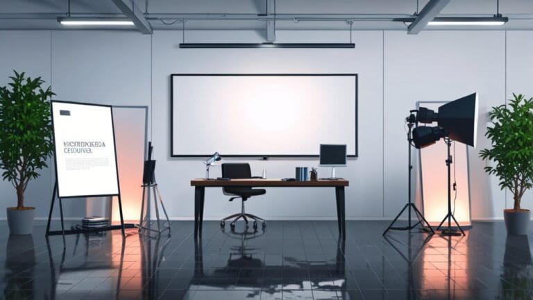 Oficina moderna con ambiente tecnológico y pantallas digitales mostrando gráficos de eventos.