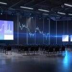 Evento corporativo en un moderno centro de conferencias con gráficos tecnológicos en pantallas.