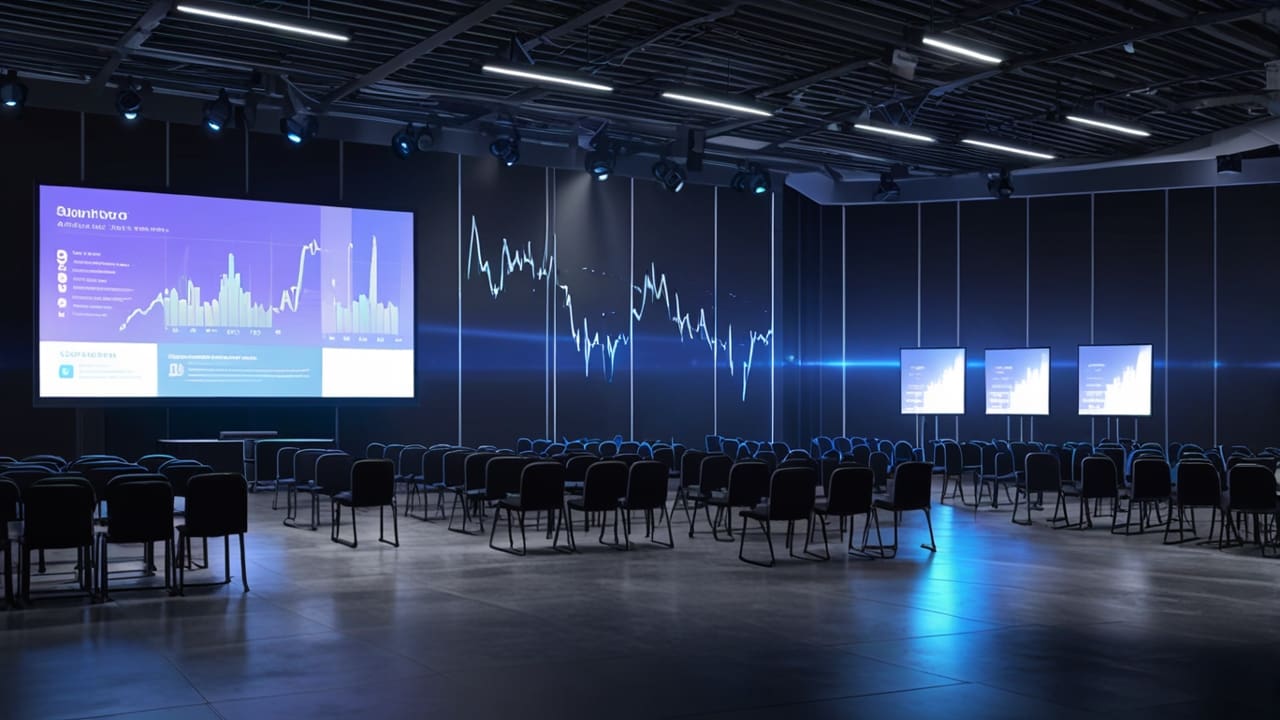 Evento corporativo en un moderno centro de conferencias con gráficos tecnológicos en pantallas.