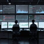 Oficina moderna con computadoras y gráficos financieros en las pantallas