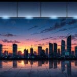 Skyline de edificios corporativos tecnológicos al amanecer.