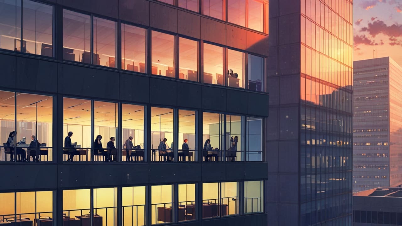 Oficinas modernas y tecnológicas al amanecer en una ciudad europea