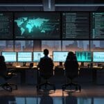 Oficinas modernas con equipos de ciberseguridad revisando sistemas en monitores.