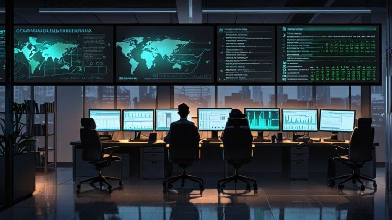 Oficinas modernas con equipos de ciberseguridad revisando sistemas en monitores.