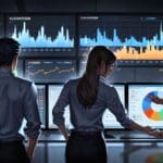 Oficina moderna con computadoras y gráficos de datos en las pantallas