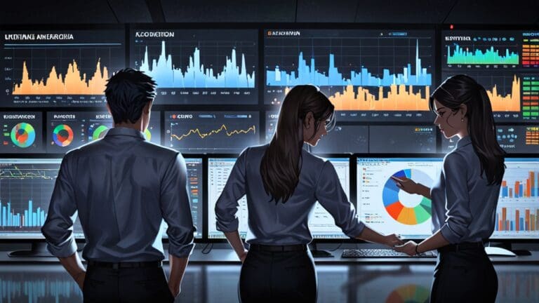 Oficina moderna con computadoras y gráficos de datos en las pantallas