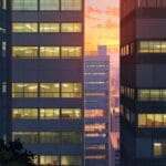 Vista de modernas oficinas de startups y tecnologías en un edificio urbano al amanecer