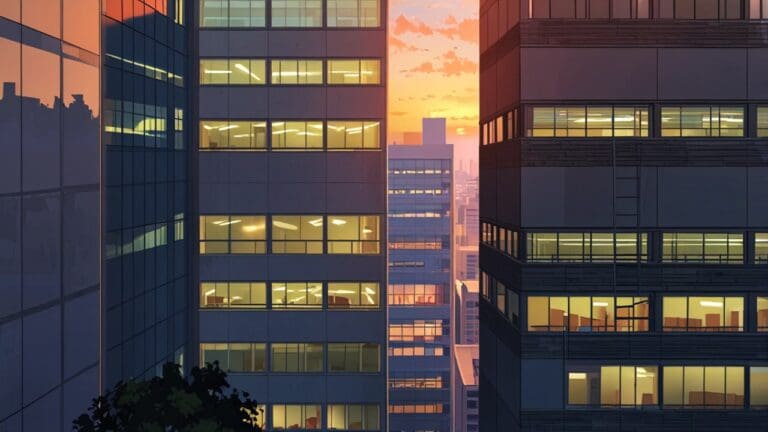 Vista de modernas oficinas de startups y tecnologías en un edificio urbano al amanecer