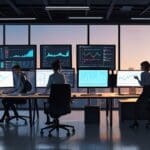 Espacio de oficina moderno con computadores y gráficos de startups en pantallas