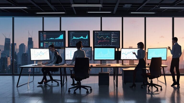 Espacio de oficina moderno con computadores y gráficos de startups en pantallas